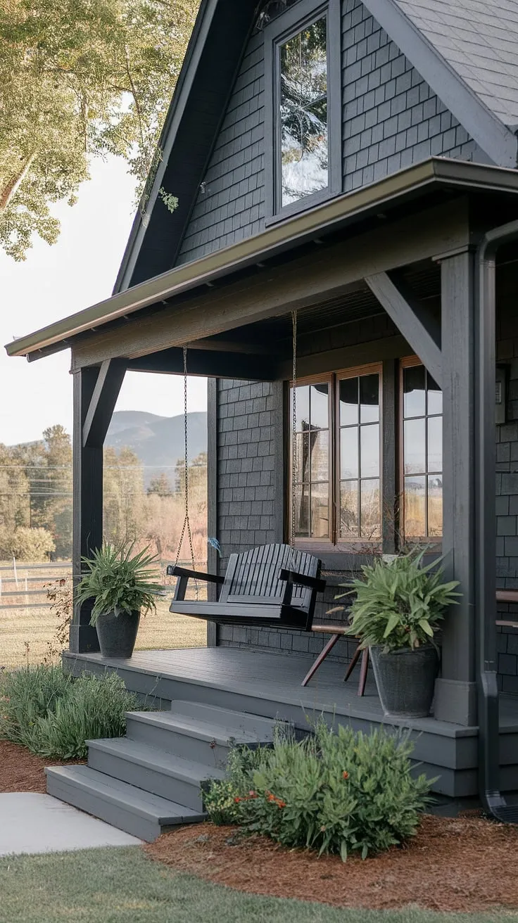 A peaceful retreat awaits on this charming farmhouse porch. The dark gray siding and rich wood details create a timeless elegance, while the surrounding mountain landscape provides a stunning backdrop. A gentle breeze, the sway of the swing, and the scent of blooming plants-pure serenity.
