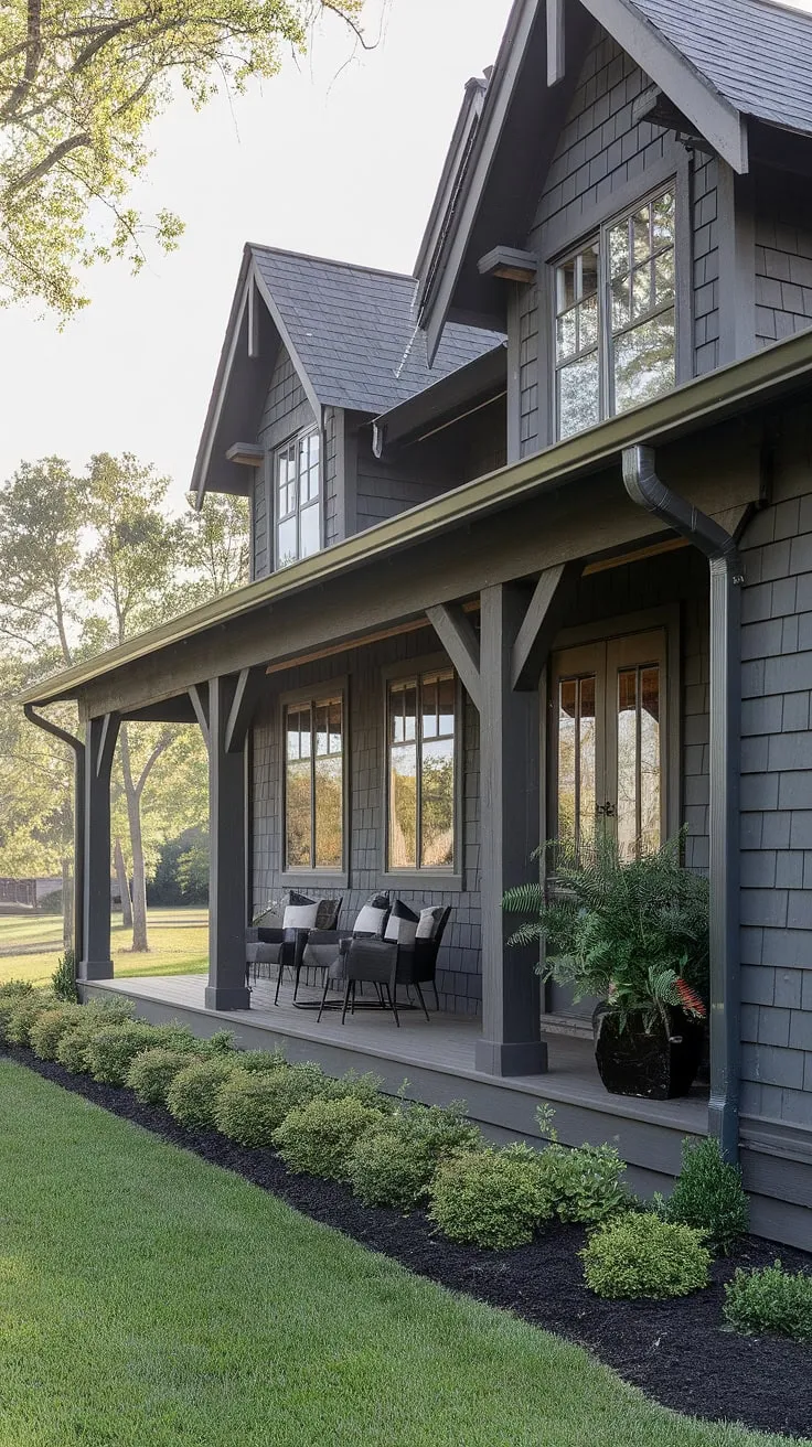 The deep gray siding and dark wood accents of this Craftsman farmhouse create a striking contrast against the vibrant green lawn. A perfect spot to unwind and enjoy the quiet beauty of the countryside.