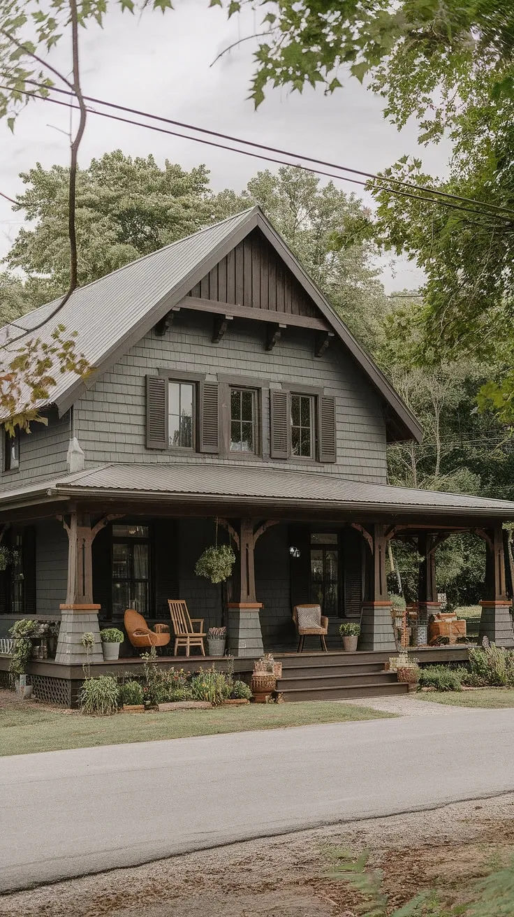 This craftsman farmhouse, with its dark gray exterior and rich wood accents, sits serenely amidst the countryside, a testament to enduring style and peaceful living. The spacious porch, adorned with potted plants, beckons you to relax and enjoy the quiet beauty of a rural escape.