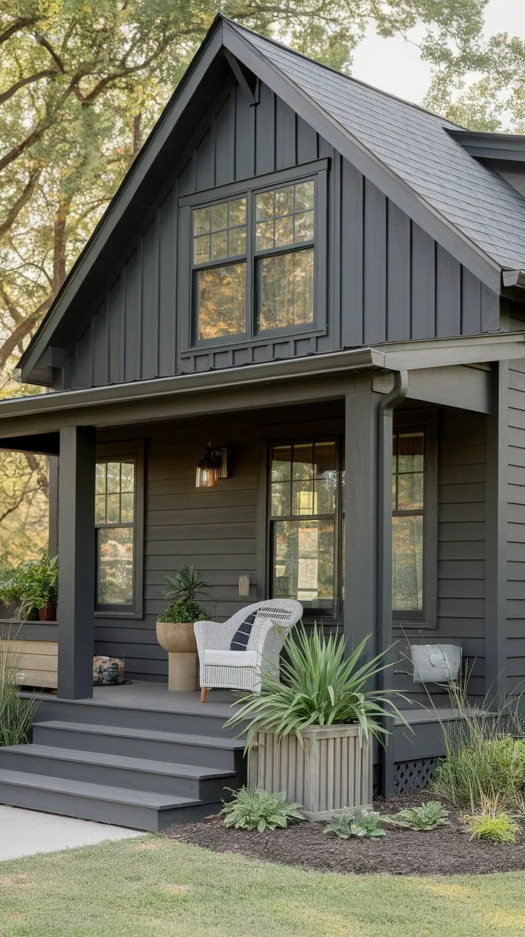 Modern farmhouse dreams are made of this: dark gray siding, rich wood accents, and a welcoming front porch perfect for sipping coffee and enjoying the lush greenery. A tranquil escape, a stylish home, a perfect blend of rustic charm and contemporary elegance.