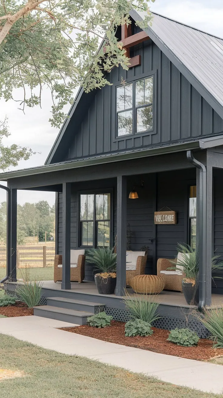 A picture-perfect blend of modern and rustic design. This dark gray farmhouse boasts stunning craftsman details and a welcoming front porch, perfectly styled with wicker furniture and lush greenery. A peaceful retreat awaits.