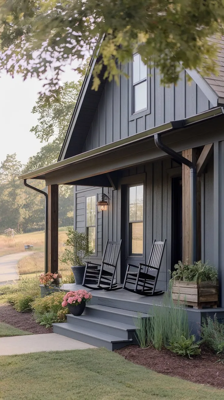 This modern farmhouse, with its dark gray siding and rich wood accents, offers a tranquil escape. The inviting front porch, complete with rocking chairs and lush potted plants, beckons you to unwind and enjoy the serene landscape beyond. A perfect blend of rustic charm and contemporary style.
