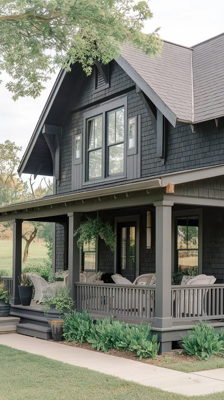 This dark gray farmhouse, with its Craftsman-style roof and charming front porch addition, perfectly blends rustic elegance with modern comfort. The white columns and wicker furniture create a welcoming atmosphere, enhanced by the lush greenery surrounding the home. A peaceful retreat awaits.