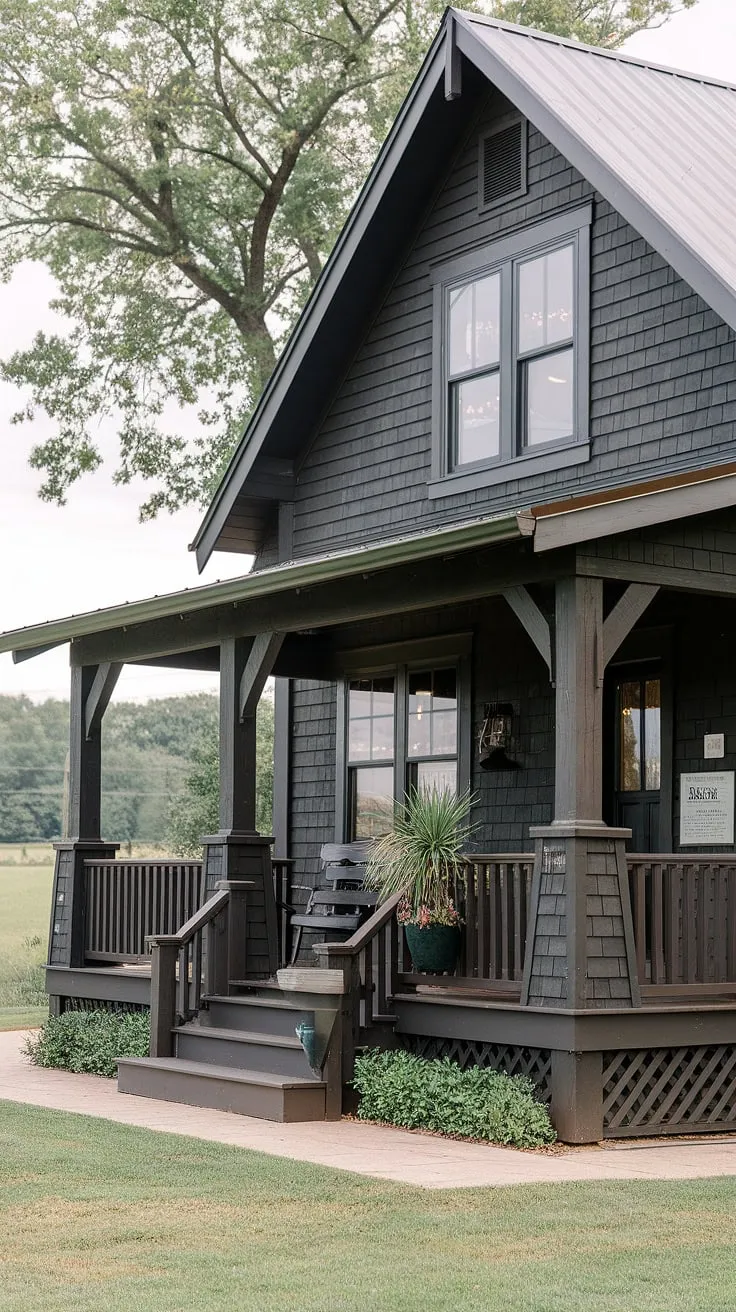 This dark gray farmhouse, with its Craftsman-style details and inviting front porch, offers a tranquil escape. The rich wood accents and potted plant add a touch of warmth, perfectly complementing the serene countryside setting. A perfect blend of rustic charm and modern comfort.