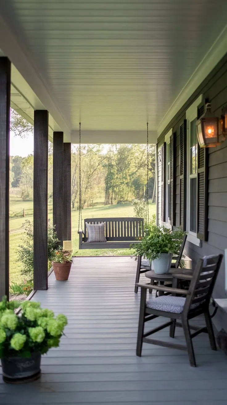 This farmhouse porch, with its dark gray exterior and rich wood accents, whispers of quiet evenings and lazy afternoons. The gentle sway of the swing, the comforting glow of the lamp, and the lush greenery beyond create a haven of peace-a perfect place to unwind and reconnect. A true escape, a sanctuary, a place to simply be.