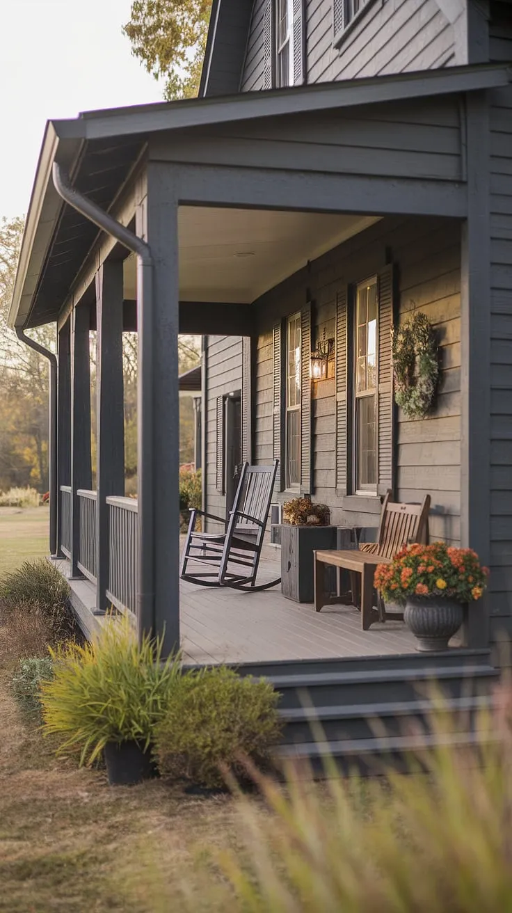 Golden hour light bathes this farmhouse porch, a perfect spot for quiet contemplation. The dark gray exterior, accented with rich wood, creates a cozy atmosphere, enhanced by the potted plants and welcoming wreath. A rocking chair, bench, and small table offer ample space for relaxation and enjoying the tranquil view of the lawn and trees. This is where memories are made.