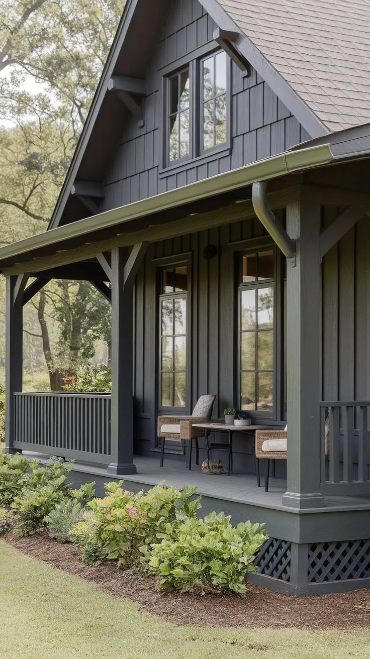 This Craftsman farmhouse, with its dark gray exterior and rich wood accents, offers a tranquil escape. The inviting porch, complete with comfortable seating, overlooks a vibrant green landscape, a perfect spot for quiet contemplation and a peaceful evenings.