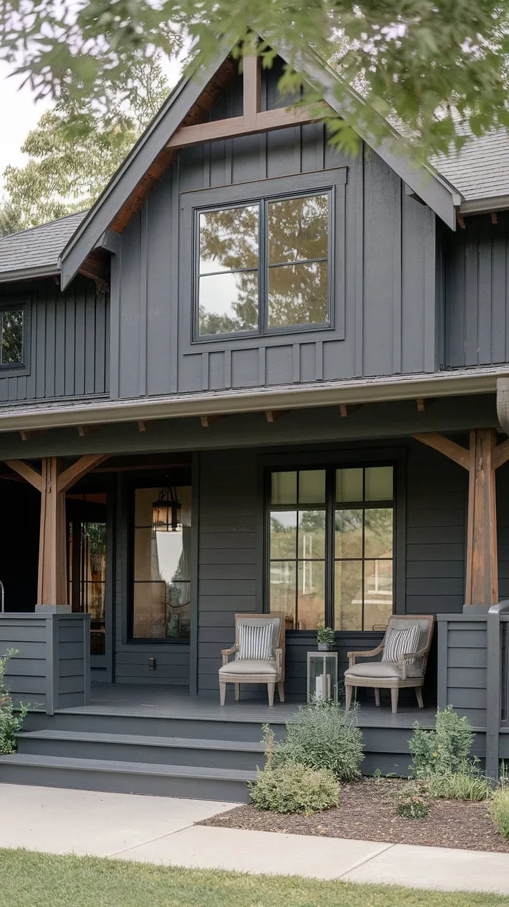 A picture-perfect escape awaits. This Craftsman-style home, painted a sophisticated dark gray, boasts a welcoming front porch ideal for quiet evenings. Dark wood details add warmth and character, while the lush greenery provides a tranquil backdrop. A dream home realized.