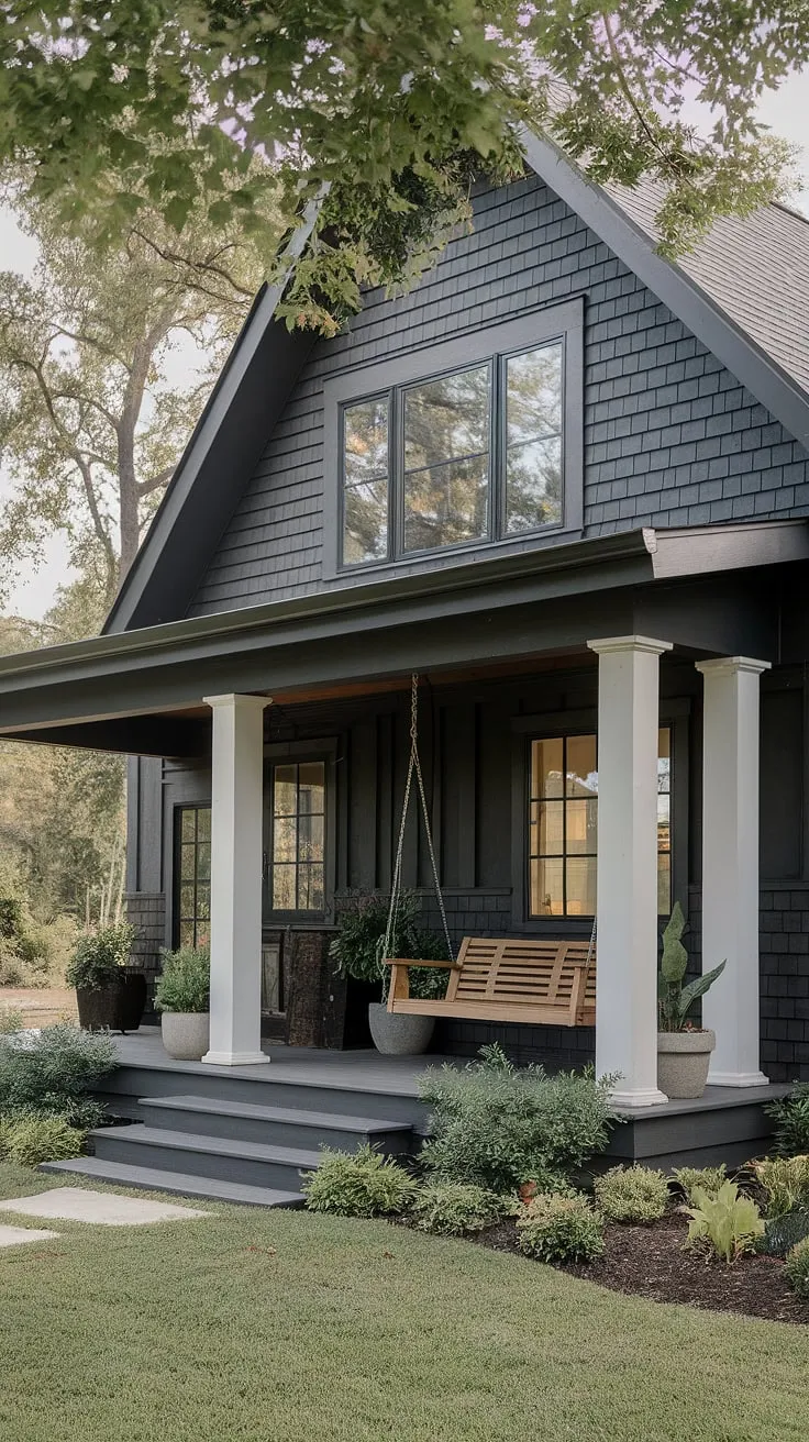 A dream home realized: this craftsman-style farmhouse boasts a striking dark gray facade, complemented by warm wood details. The spacious porch, adorned with rustic furniture and potted plants, offers a serene escape. A perfect blend of modern and traditional aesthetics, creating a space that feels both inviting and sophisticated.