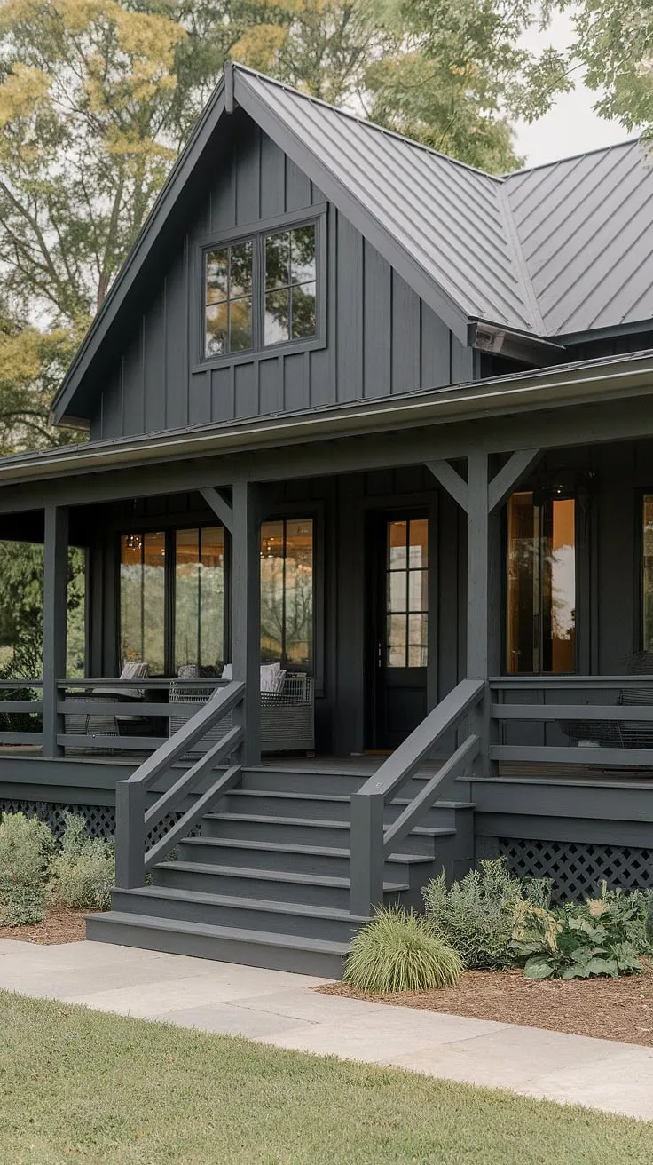 This dark gray farmhouse, a study in modern craftsman design, sits serenely amidst lush greenery. The deep wood accents and spacious porch offer a tranquil escape, a perfect blend of rustic charm and contemporary elegance. A peaceful retreat awaits.