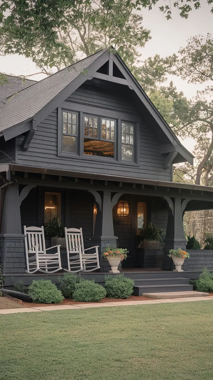 A timeless beauty, this farmhouse stands as a testament to enduring style. The deep gray exterior is complemented by the warm tones of the wood porch, creating a striking contrast. A welcoming space, perfect for enjoying the tranquility of the surrounding landscape, and a true reflection of refined country living.