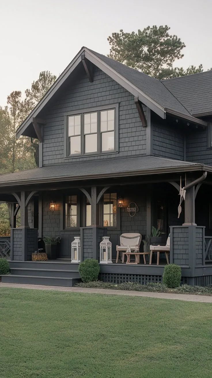 This charming craftsman farmhouse, painted a sophisticated dark gray, exudes a sense of calm and welcome. The dark wood accents and white porch décor create a striking contrast, perfectly complementing the lush green lawn. A perfect blend of rustic charm and modern elegance.