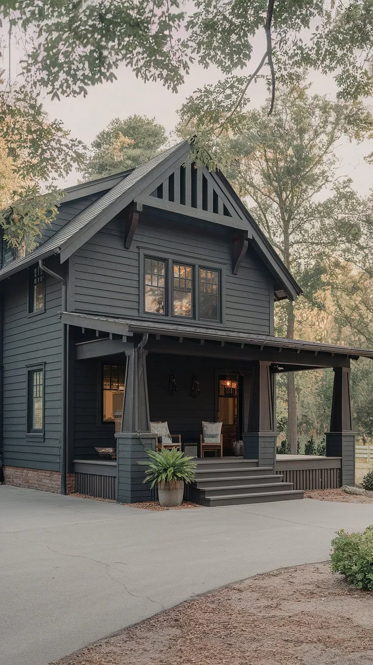 Nestled amongst the trees, this Craftsman-style farmhouse exudes a timeless elegance. The dark gray exterior, complemented by warm wood tones, creates a striking contrast. A peaceful retreat awaits on the spacious porch, ready for quiet evenings and comfortable relaxation.