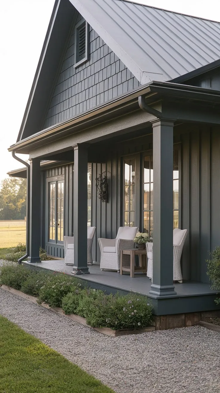 This farmhouse porch, with its dark gray exterior and rich wood accents, offers a serene escape. The craftsman-style details, white furniture, and gravel pathway create a welcoming ambiance perfect for quiet evenings and lazy afternoons. A perfect blend of rustic charm and modern comfort.