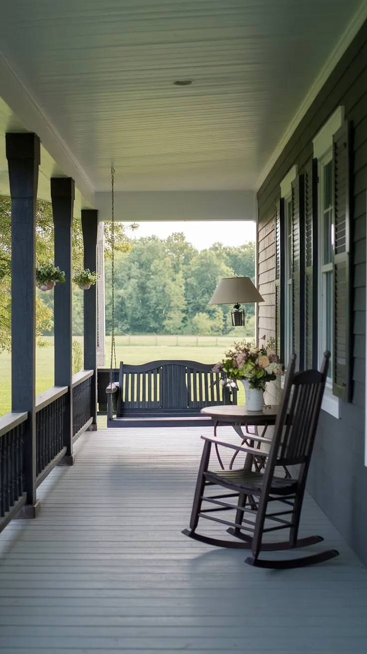 Evenings on this farmhouse porch are a symphony of quiet moments, the gentle creak of the swing a soothing counterpoint to the rustling leaves and chirping crickets. The warm glow of the lamp casts a peaceful light, perfect for enjoying a glass of sweet tea and the company of nature. A perfect escape.