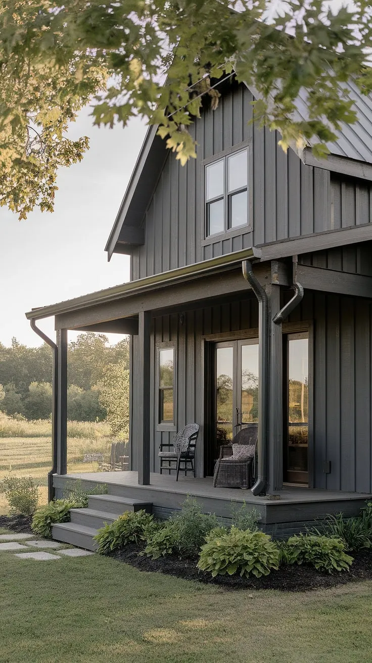 This modern farmhouse, painted a sophisticated dark gray, offers a tranquil escape. The inviting porch, complete with comfortable seating and lush greenery, beckons you to unwind and enjoy the serene landscape. A perfect blend of rustic charm and contemporary elegance.