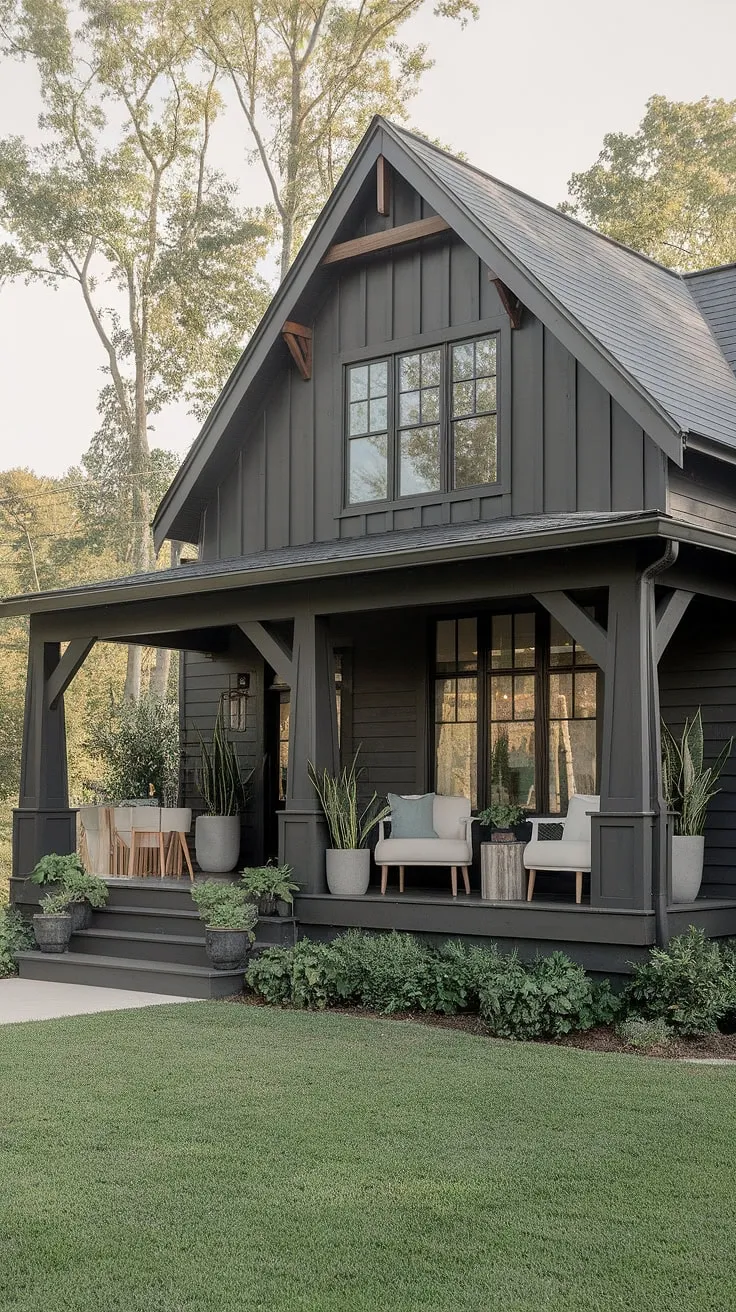 This modern farmhouse, with its dark gray siding and rich wood accents, perfectly blends rustic charm with contemporary elegance. The inviting front porch, adorned with white furniture and lush greenery, offers a tranquil escape into nature. A true testament to thoughtful design and seamless indoor-outdoor living.