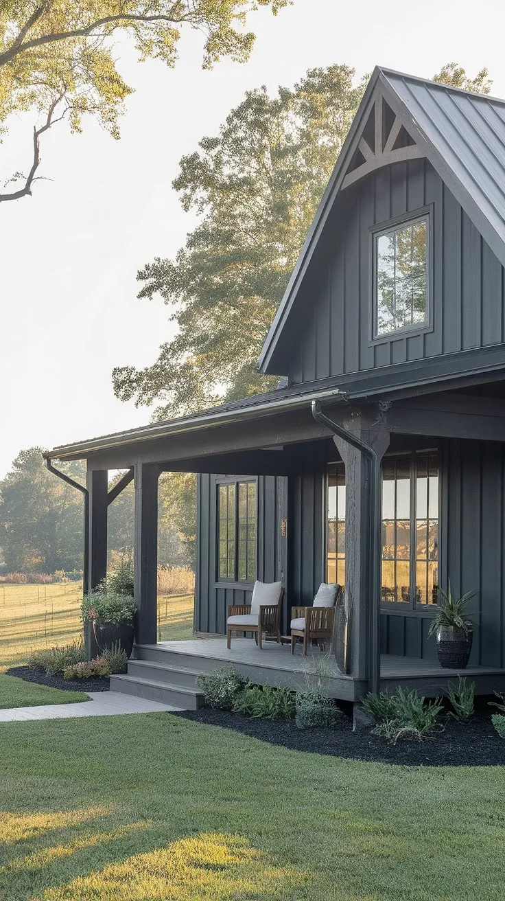 Modern farmhouse dreams are made of this: dark gray siding, rich wood accents, and a welcoming front porch perfect for enjoying the serene landscape. The large window seamlessly connects indoor and outdoor living, creating a tranquil escape.