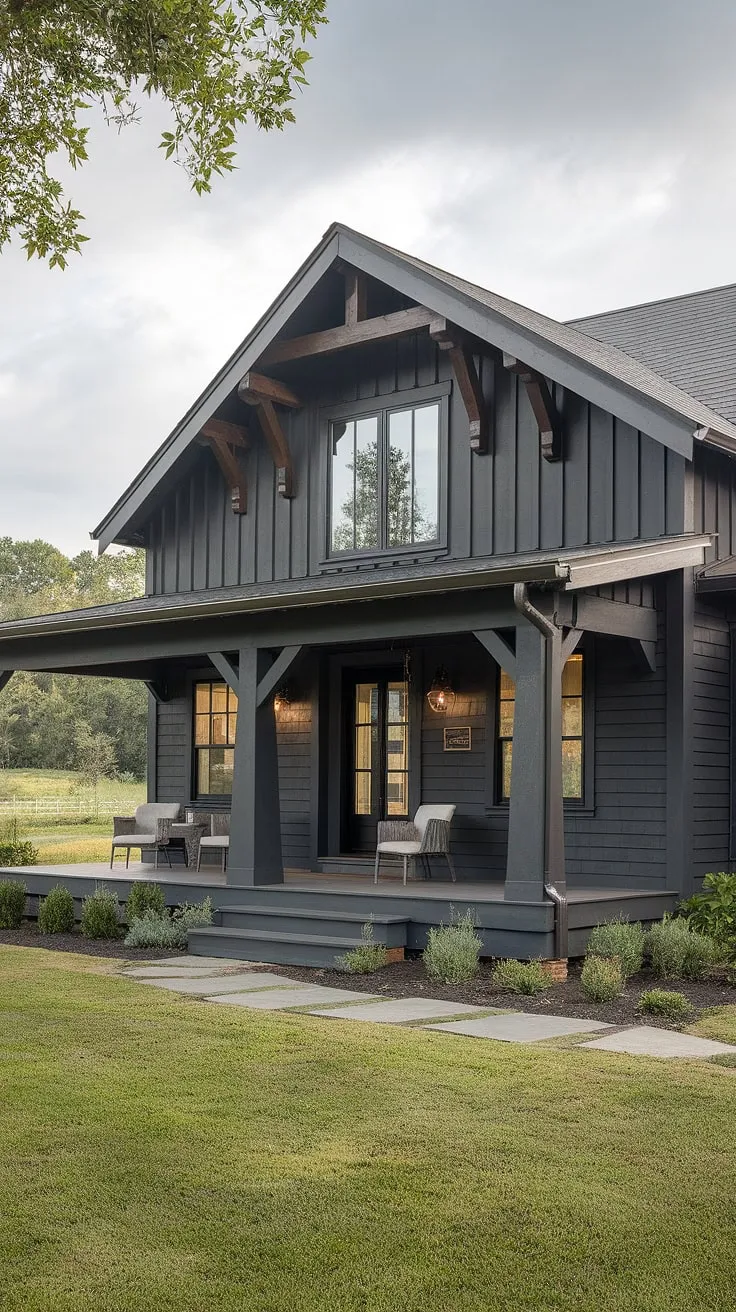 Where modern meets rustic charm. This Craftsman-style farmhouse, with its dark gray exterior and exposed wooden beams, offers a tranquil escape nestled amongst lush greenery. The inviting front porch, perfect for quiet evenings, is just the beginning of the story this home tells.