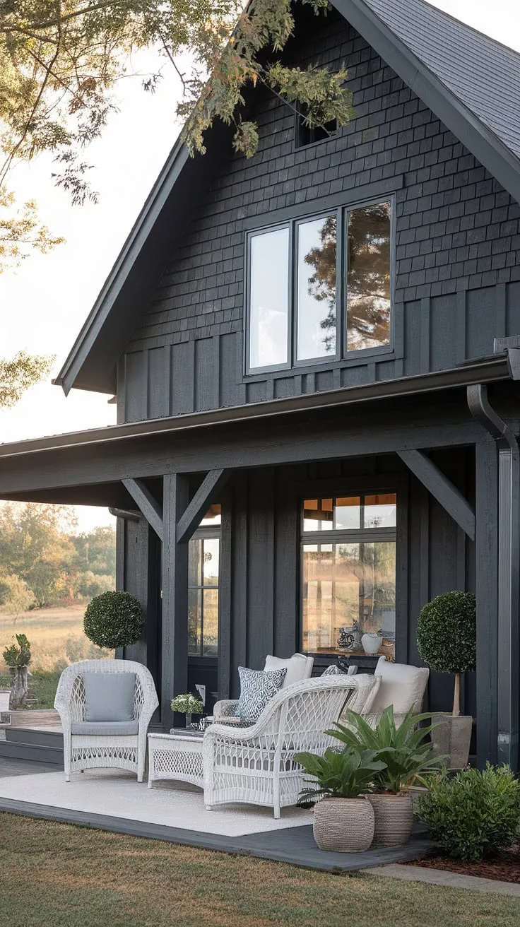This modern farmhouse, with its dark gray exterior and craftsman details, offers a serene escape. The inviting front porch, complete with white wicker furniture, lush greenery, and thoughtful décor, perfectly blends rustic charm with contemporary elegance. A peaceful retreat awaits.