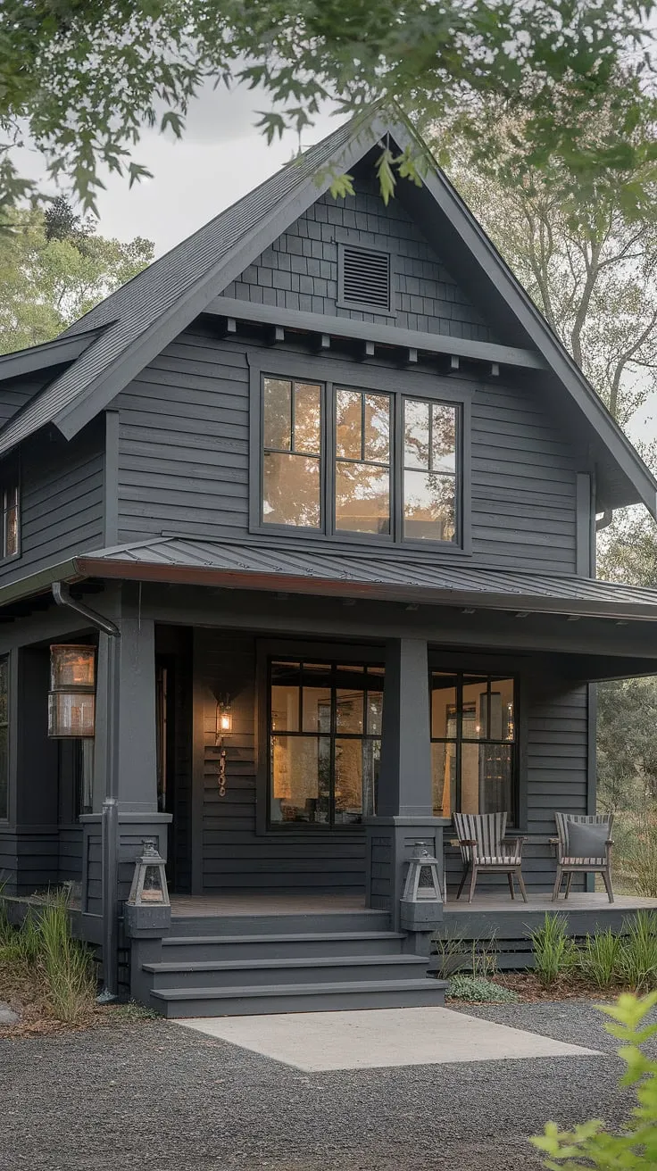 A sanctuary of serenity awaits. This craftsman-style farmhouse, with its dark gray siding and warm wood accents, stands as a testament to timeless elegance. The inviting porch, complete with lantern, beckons you to relax and enjoy the tranquility of the surrounding nature. A true escape.