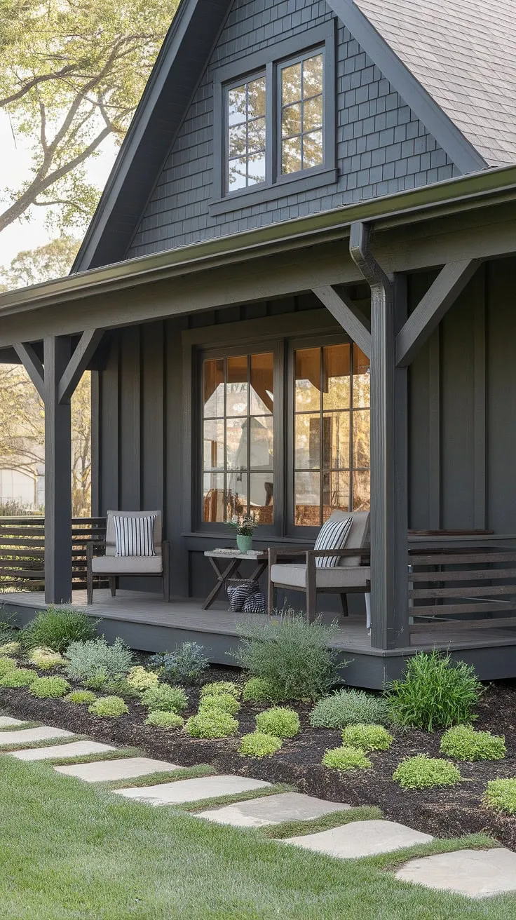 This charming farmhouse porch, with its dark gray exterior and rich wood accents, offers the perfect spot for quiet contemplation and enjoying the simple pleasures of life. The meticulously landscaped grounds and stone pathway only enhance the peaceful ambiance. A true haven.