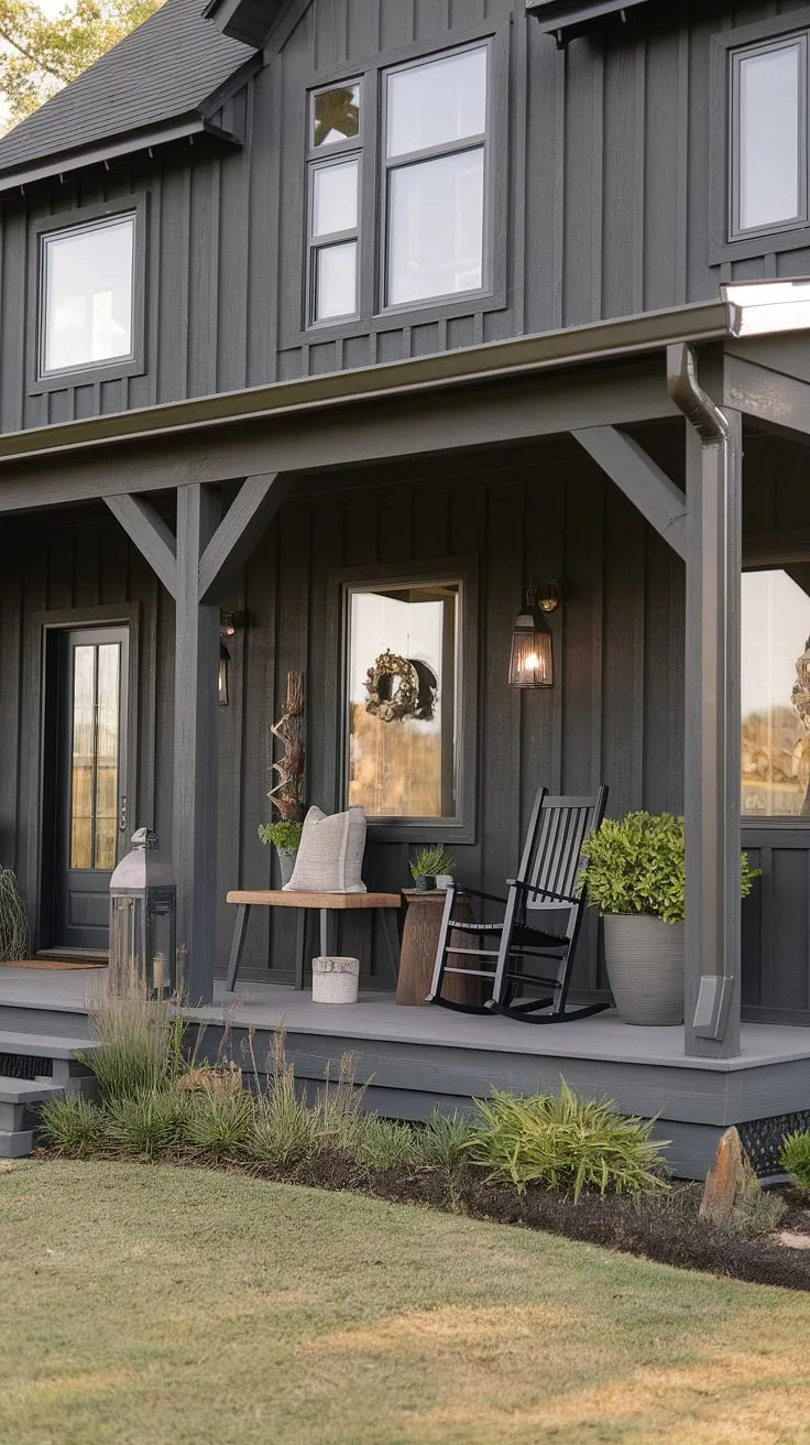This modern farmhouse porch, with its dark gray siding and rich wood accents, offers the perfect blend of rustic charm and contemporary style. A cozy rocking chair, a welcoming table, and a touch of greenery create a tranquil retreat where you can unwind and enjoy the simple pleasures of life. A perfect spot to sip your morning coffee and watch the day unfold.