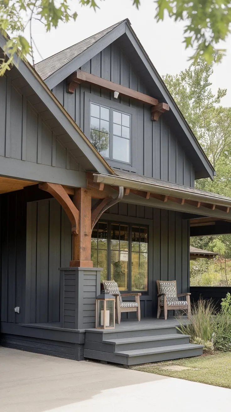 This modern farmhouse effortlessly blends rustic charm with contemporary elegance. The dark gray siding, rich wood accents, and expansive porch create a welcoming atmosphere, perfect for enjoying quiet evenings and the surrounding greenery. A perfect blend of style and comfort.