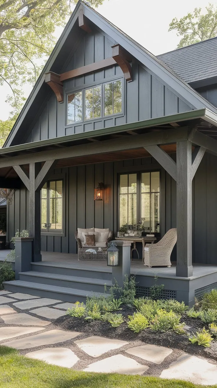This modern farmhouse's dark gray exterior, accented with rich dark wood, creates a striking contrast against the lush greenery. The expansive porch, complete with a wicker chair and lantern, invites relaxation and offers a perfect spot to enjoy the tranquil surroundings. A stone path leads to the inviting entrance, showcasing the thoughtful attention to detail in this stunning home.