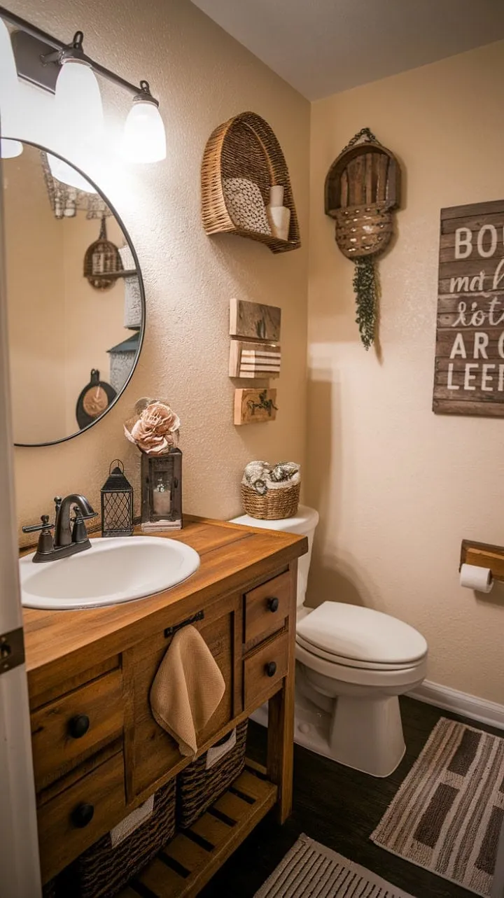 This bathroom beautifully blends rustic elegance and relaxation with its wooden vanity, plush rug, and charming details.