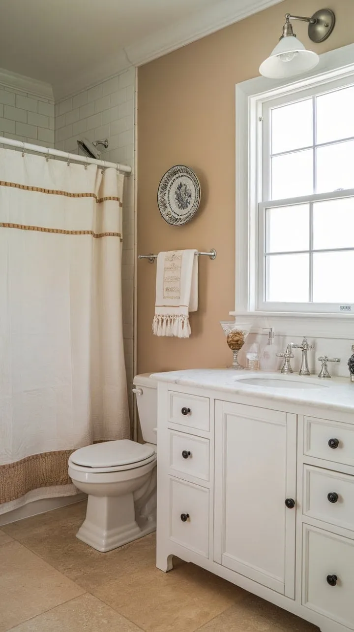 Bathed in sunlight, this farmhouse bathroom blends serene simplicity with rustic charm, creating a tranquil retreat.