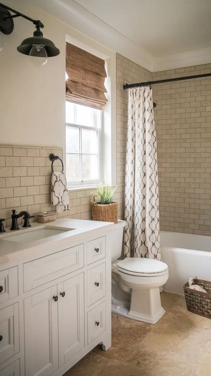 This serene farmhouse bathroom blends understated elegance with warm beige tones and a charming patterned curtain, creating a perfect retreat for relaxation.