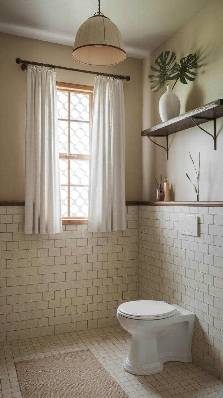 This farmhouse bathroom beautifully combines rustic charm with modern comfort, featuring beige tiles, a wooden shelf adorned with greenery, and soft lighting for a serene, inviting ambiance.