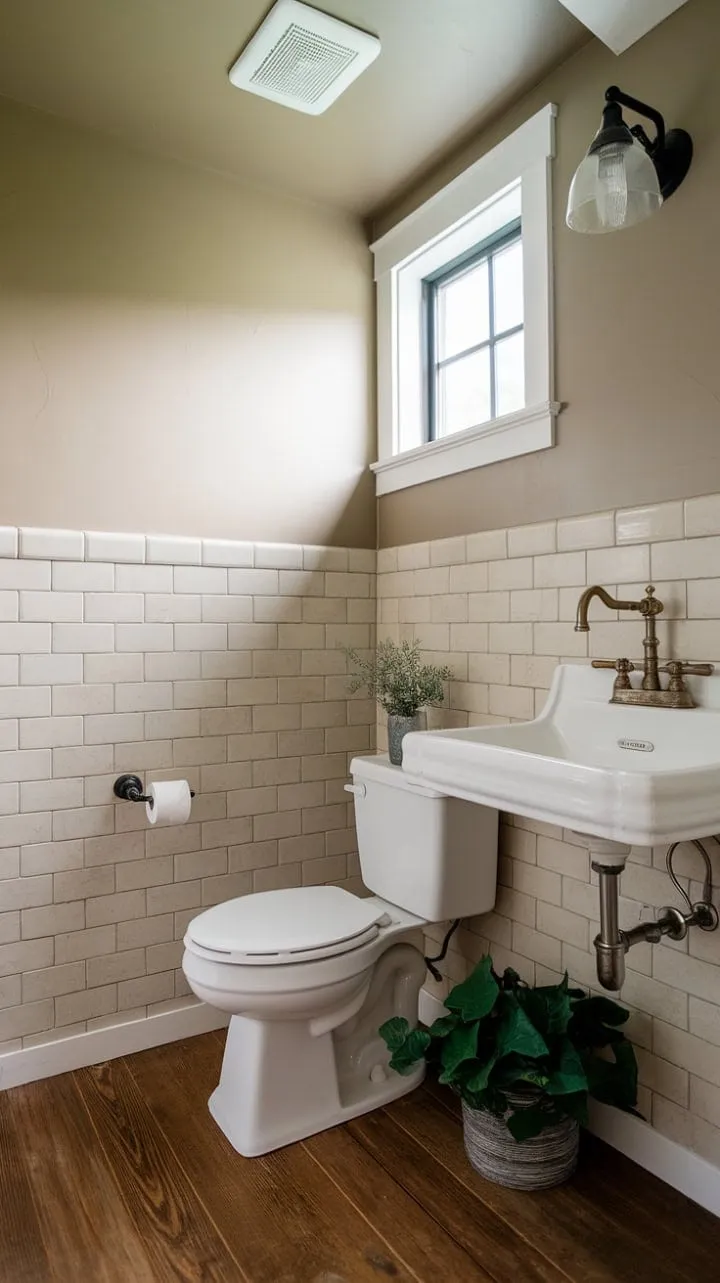 This cozy farmhouse powder room harmoniously blends rustic charm with modern convenience, featuring beige tiles, wooden floors, and a vintage faucet illuminated by a small window.