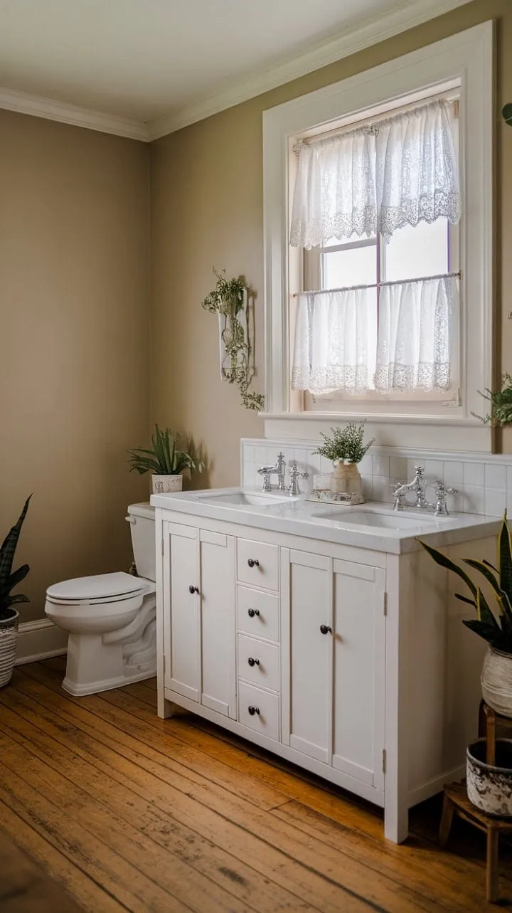 In this farmhouse half bath, rustic charm intertwines with modern convenience, featuring a spacious double vanity, serene lace-trimmed windows, and warm wood floors enhanced by lush potted plants.