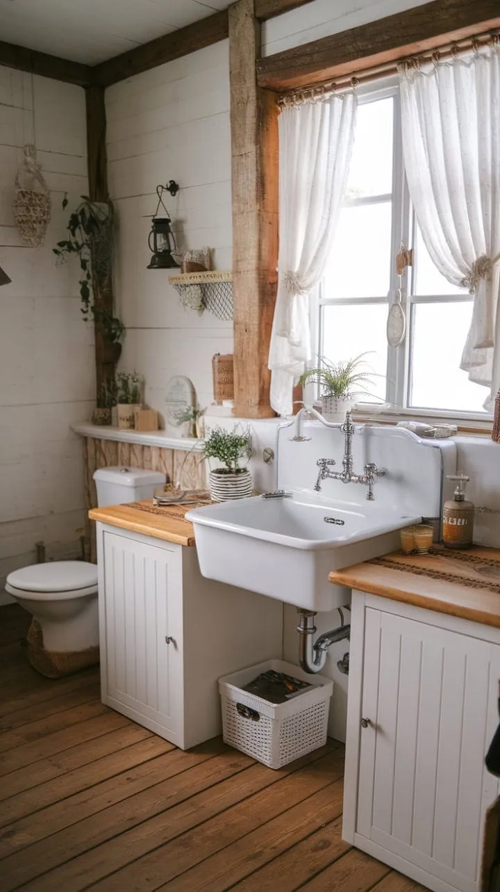 Bathed in sunlight, this farmhouse bathroom blends rustic charm with modern comfort, showcasing aged wood, vintage fixtures, and lush greenery in a serene retreat.