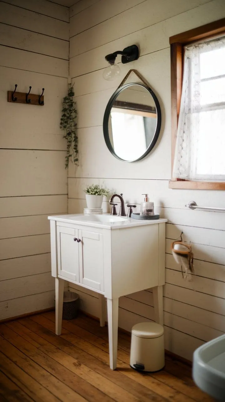 This farmhouse bathroom blends rustic charm with modern comfort, featuring a serene white vanity, round mirror, warm wood floors, and refreshing greenery for a tranquil retreat.