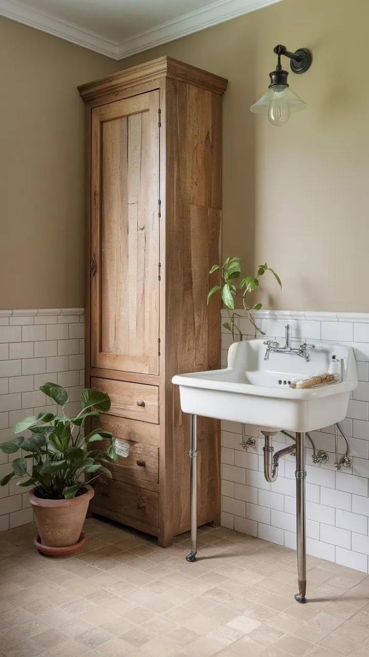 This serene farmhouse bathroom blends rustic charm with modern comfort, featuring warm beige tones, vintage lighting, and a refreshing touch of greenery for understated elegance.