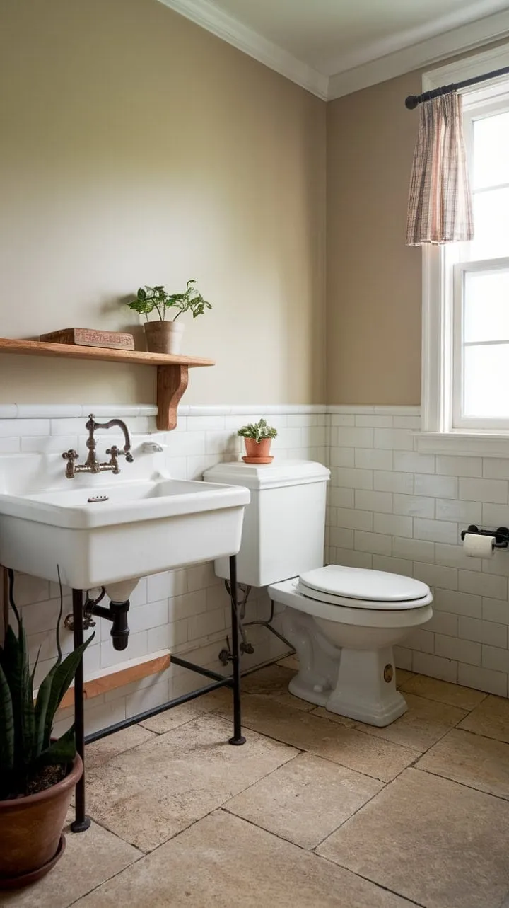This farmhouse-style powder room harmoniously fuses rustic charm with modern practicality, featuring warm beige walls, vintage accents, and a soothing potted plant.