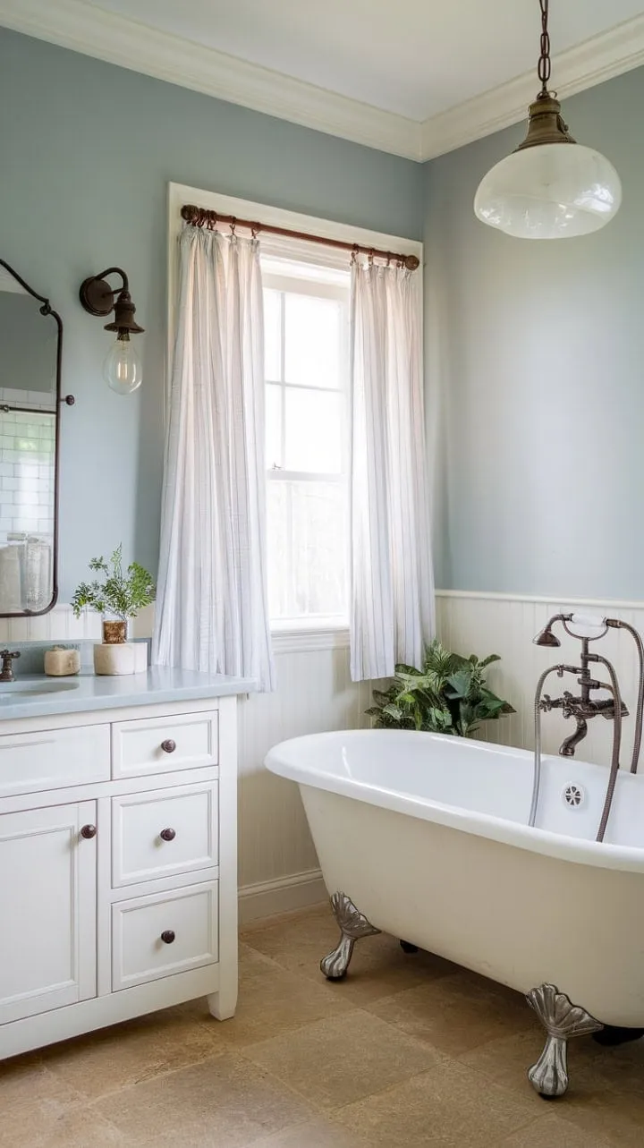 This charming bathroom, with its white vanity, light blue walls, and vintage fixtures, creates a serene retreat enhanced by a touch of nature.