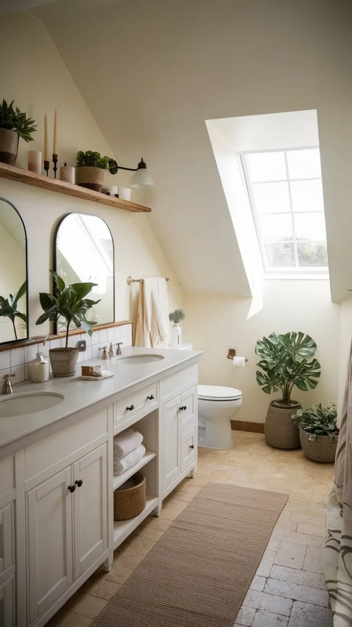 Sunlight bathes the tranquil farmhouse bathroom, where a double vanity adorned with greenery and candlelight creates a harmonious blend of rustic charm and modern comfort.