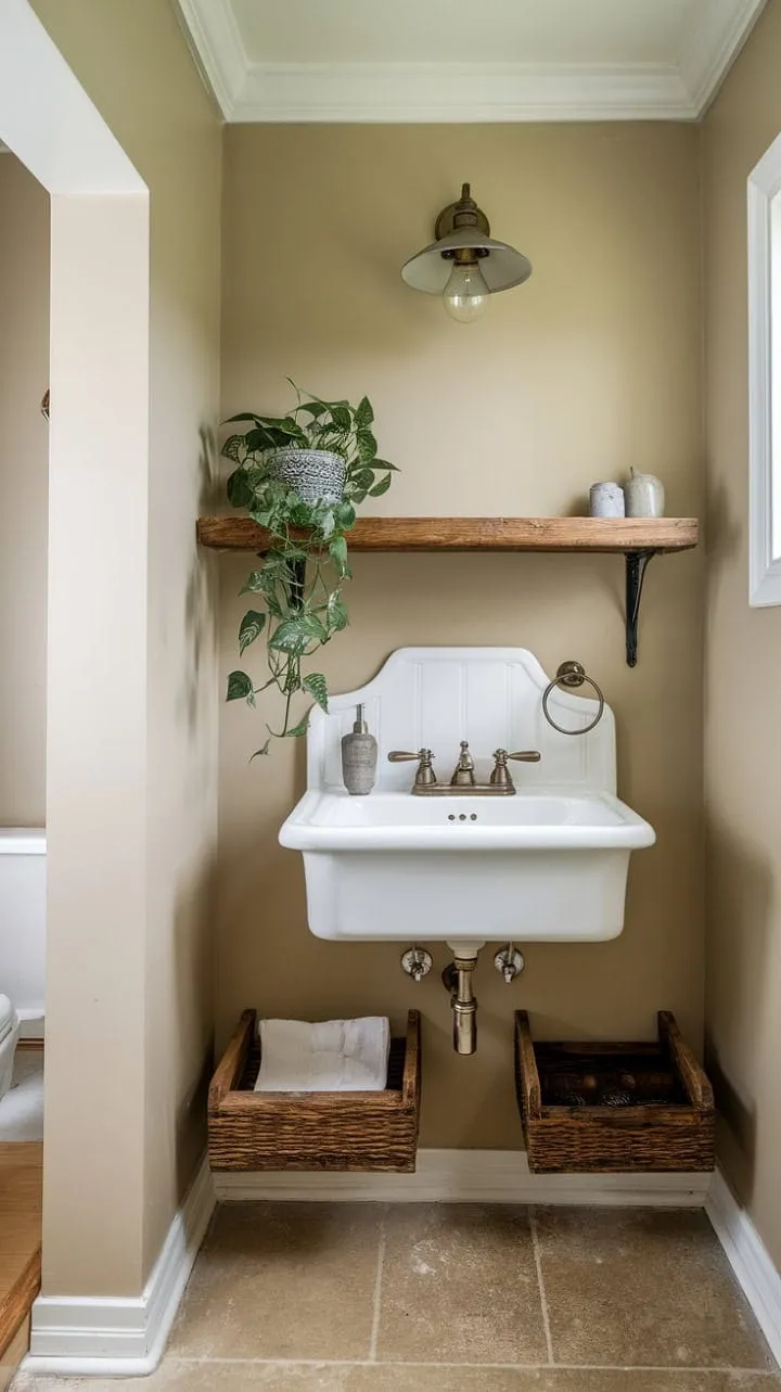 This cozy half bath blends rustic charm with modern convenience, featuring a vintage light fixture, a wooden shelf, and a fresh white sink, all enhanced by a touch of greenery for a serene vibe.