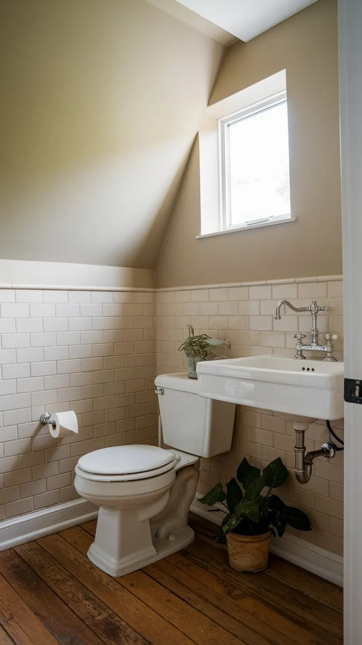 This farmhouse-style powder room exudes simple elegance, blending soft beige tiles and white fixtures with warm wooden floors and a welcoming potted plant for a serene retreat.