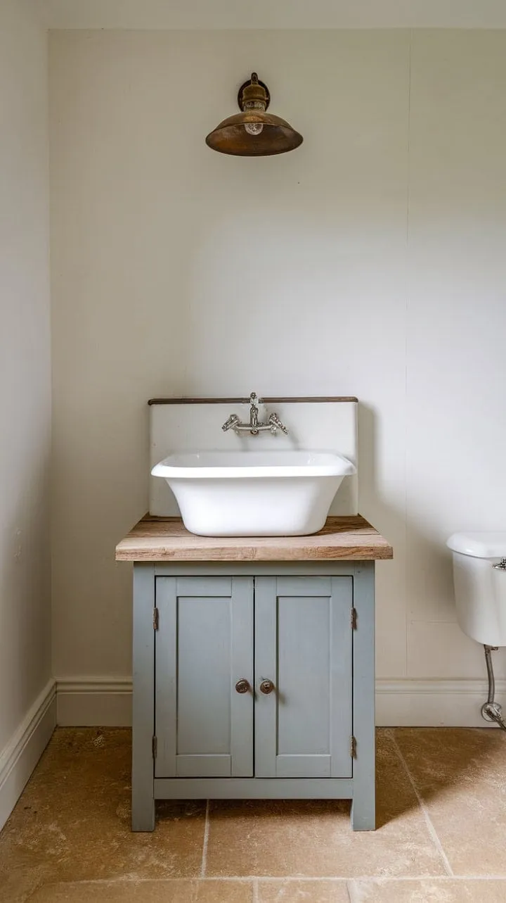 This serene bathroom retreat harmoniously blends farmhouse charm and contemporary design with clean lines, natural textures, and a soothing color palette.