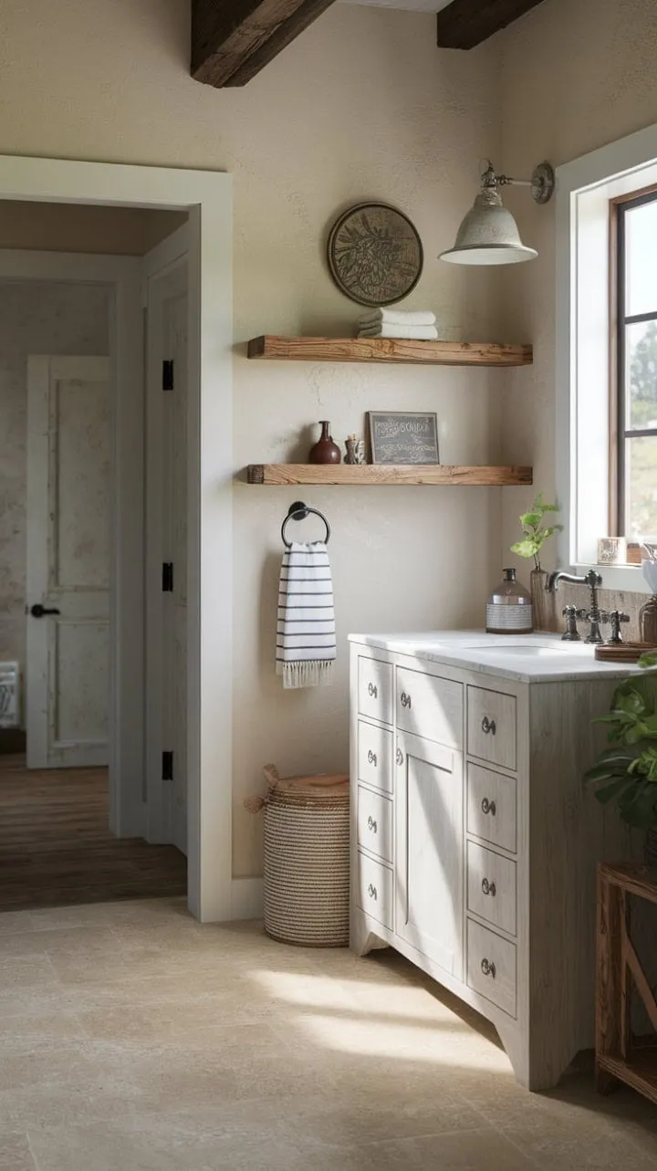 Sunlight dances through the farmhouse bathroom, highlighting its serene simplicity with a charming white vanity, rustic wooden shelf, and warm beige tiles.