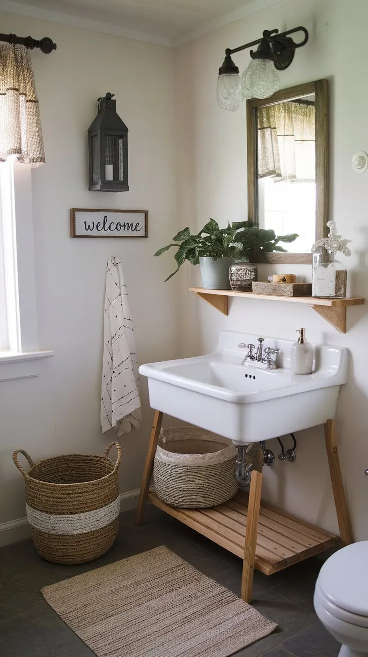 Rustic charm meets modern comfort in this farmhouse bathroom. The simple white sink and wooden shelf, adorned with a potted plant, create a serene atmosphere, perfectly complemented by the warm beige rug and welcoming décor. A touch of nature and thoughtful details make this space truly special.