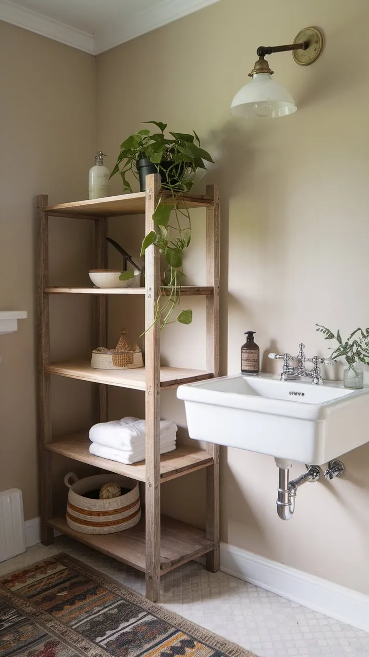A peaceful sanctuary awaits. This charming bathroom boasts a blend of rustic and modern elements, from the white sink to the vintage light fixture and the rustic wooden shelf holding a thriving potted plant. The beige walls and patterned rug create a cohesive and inviting space, a perfect spot for quiet contemplation.