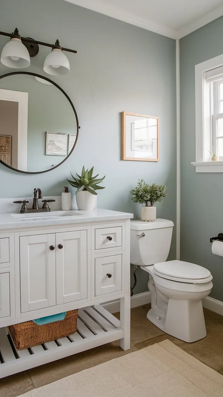 Serene and simple, this farmhouse bathroom is a sanctuary of calm. The light blue walls, white vanity, and soft beige rug create a space that feels both airy and inviting. A touch of greenery adds a natural element to this perfectly peaceful retreat.