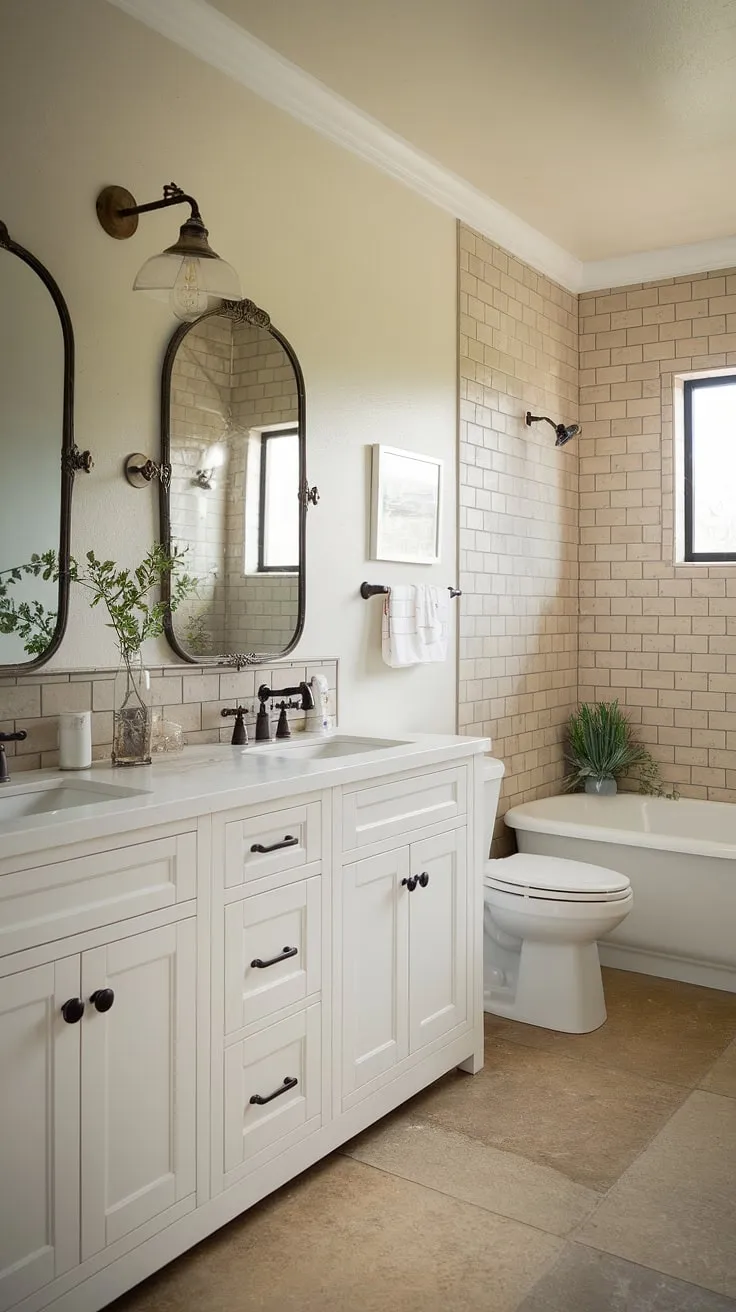 Serenity reigns in this farmhouse bathroom, where the soft beige tiles and crisp white fixtures create a haven of calm. The vintage lighting adds a touch of charming character, while the simple elegance of the double vanity and freestanding tub promises a luxurious escape. A small plant adds a touch of life to this tranquil space.