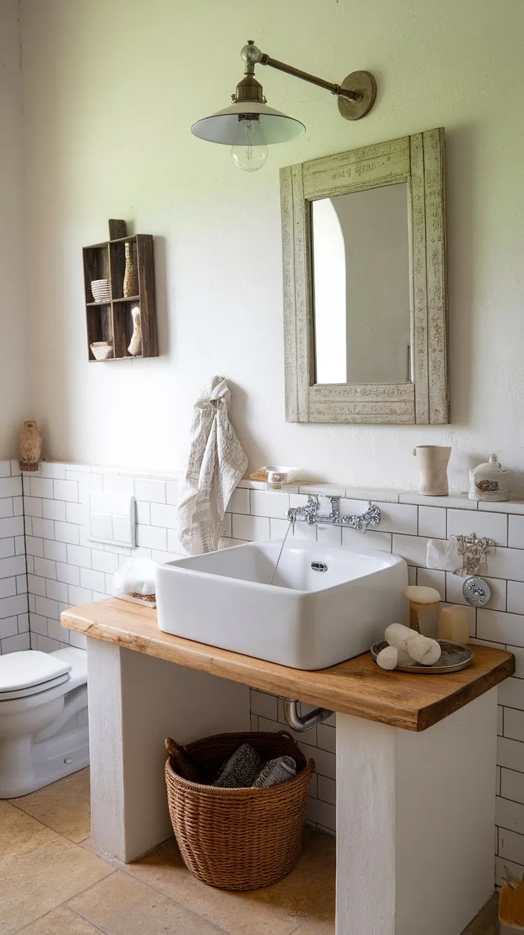 A tranquil escape awaits in this charming farmhouse bathroom. The simple elegance of the white sink and wooden countertop is beautifully complemented by the vintage lighting and rustic mirror. A few carefully selected decorative items complete the look, creating a space that's both peaceful and aesthetically pleasing. A sanctuary for self-care.